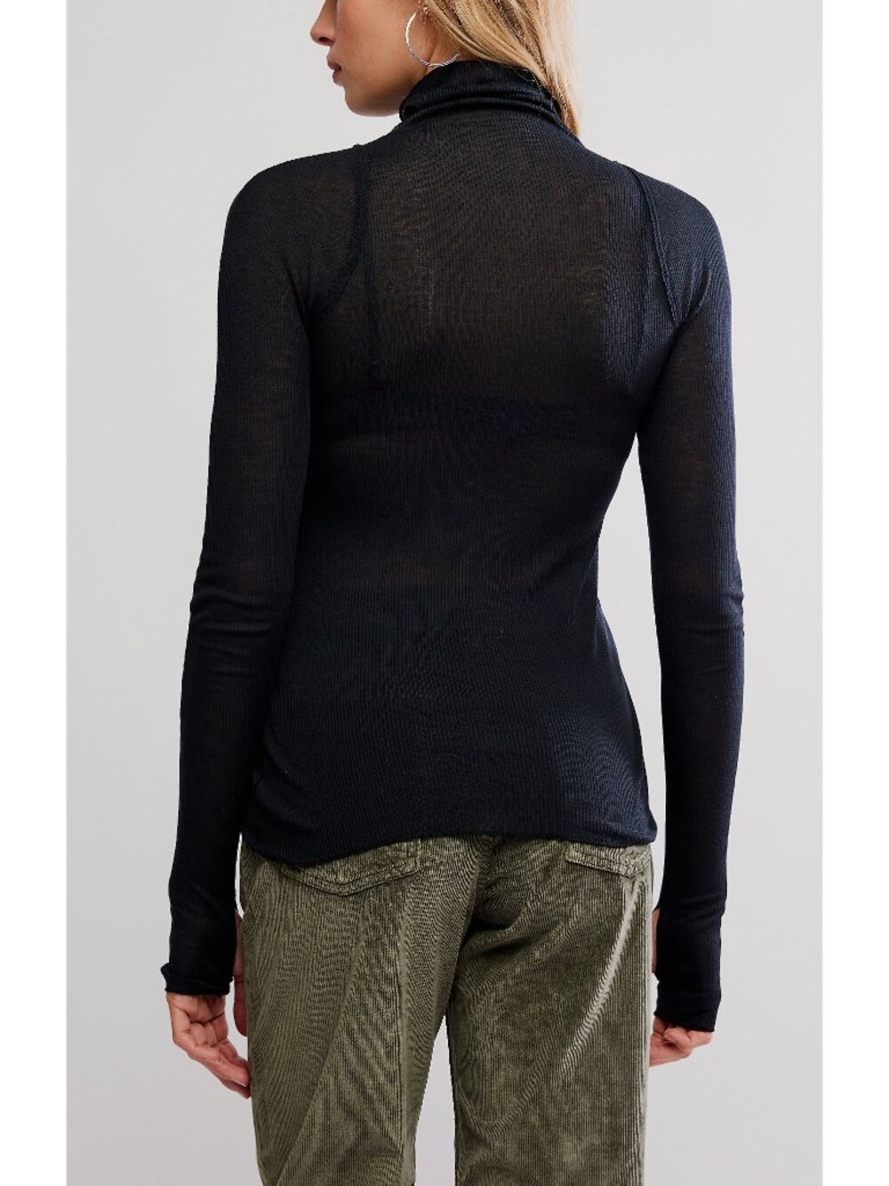 Free People Black Sheer Ribbed Long Sleeve Mock Neck Top - Picture 3 of 6